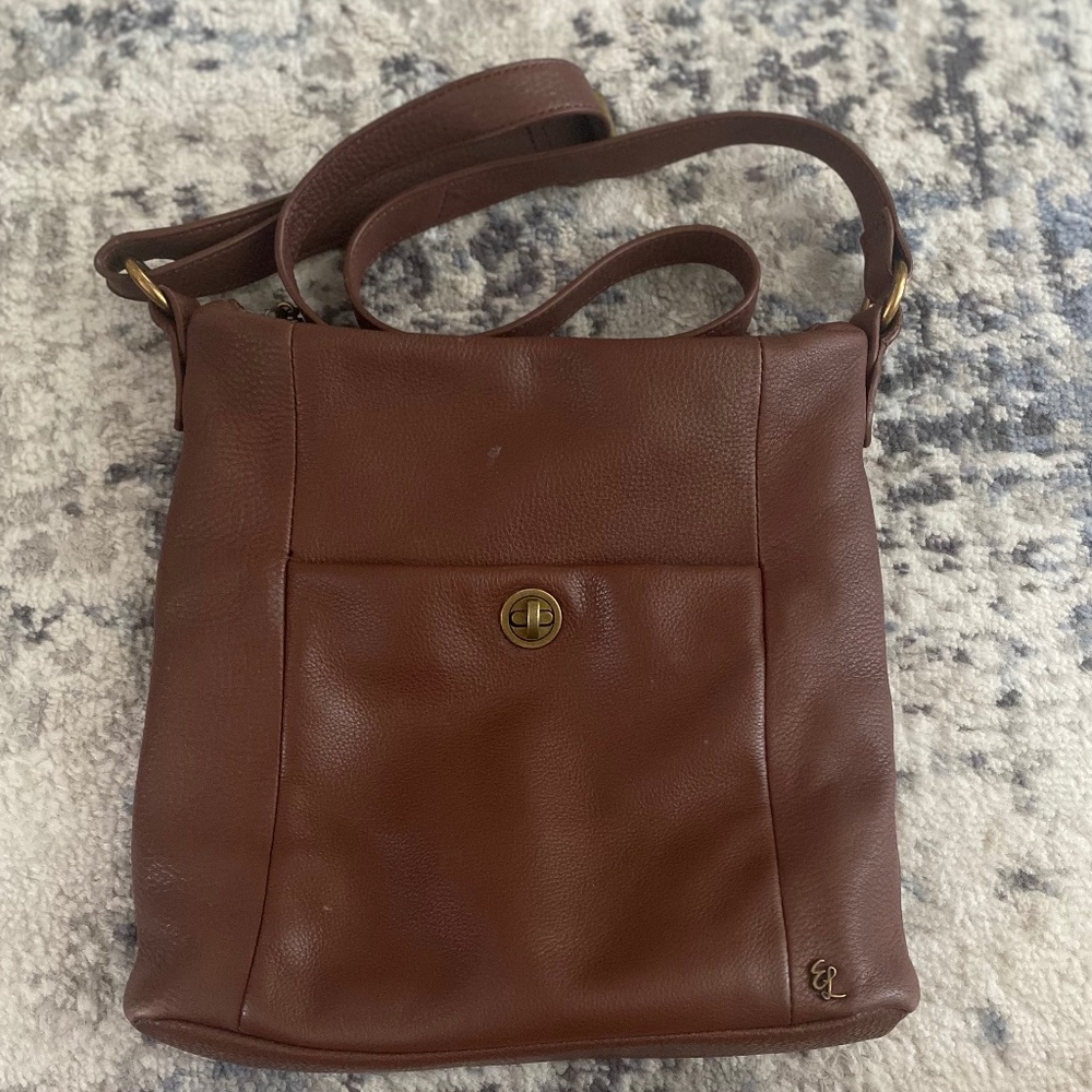 ELLIOTT LUCCA Purse Brown Leather Zip Lined Front/Rear Pocket Crossbody HandBag
